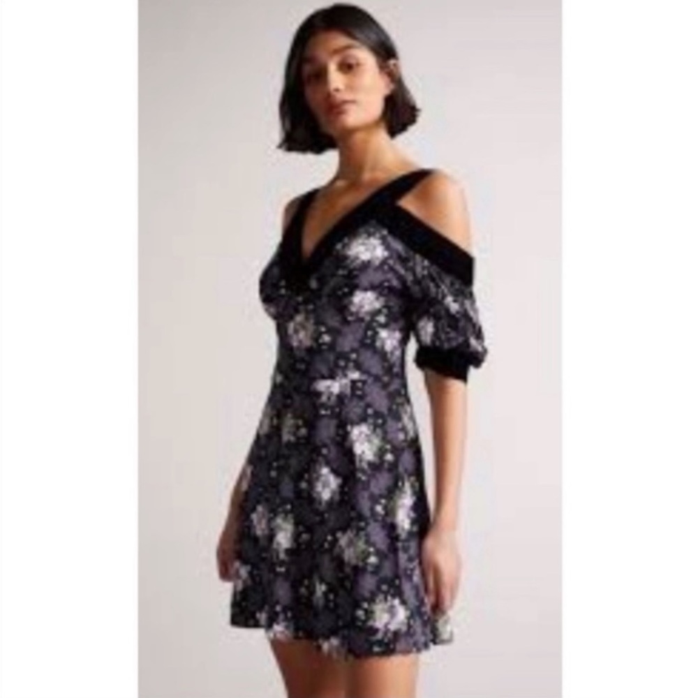 NWT TED BAKER LEILIA SKATER VELVET TRIM FLORAL DRESS SZ US 8/10 TED SZ 3